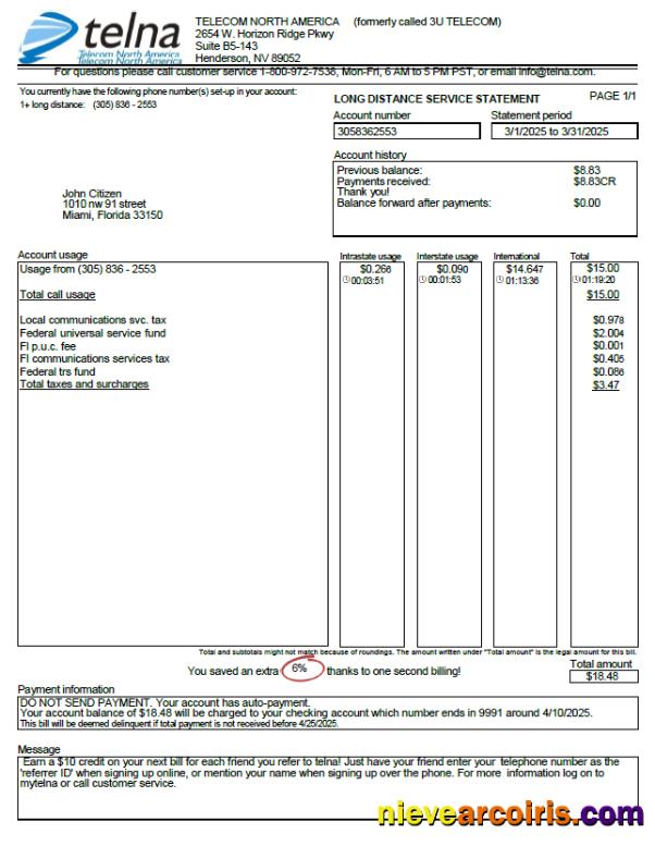 USA Telna utility bill